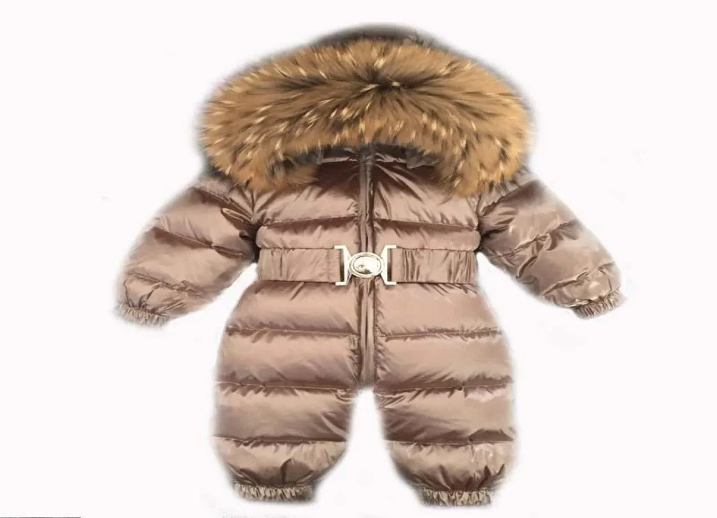 15 år ryska nyfödda flickor vinter raccon real päls ner romper pojkar spädbarn onesie bebe snowsuit skisuit barn catsuit7038752
