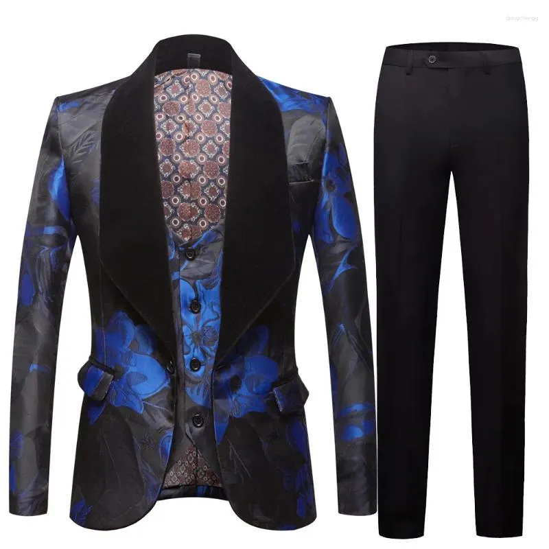 Men's Suits Elegant Jacquard Suit Blue Latest Designs Wedding Groom Prom Party Black Shawl Collar Male 3 Piece Set (Blazer Vest Pants)