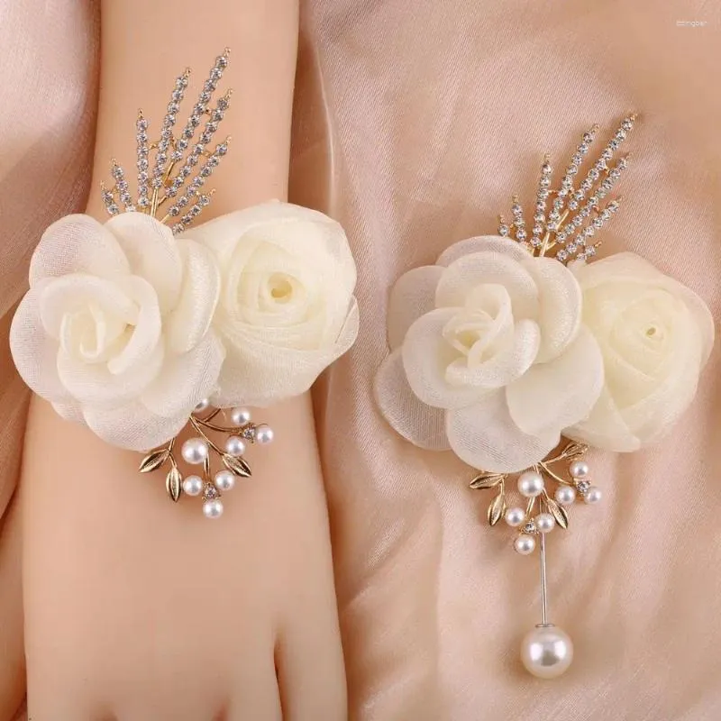 Fleurs décoratives pour costume de bal, Bracelet de perles de Style coréen, fleur artificielle en soie, ensemble de boutonnière, Corsage de poignet, Rose