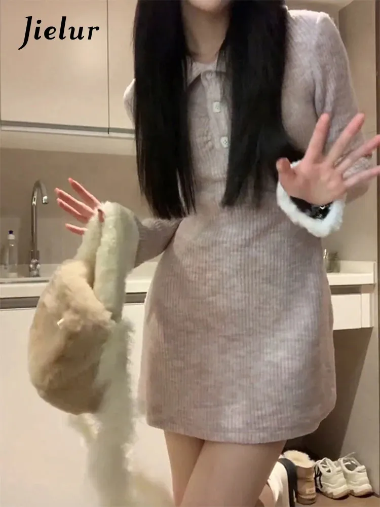Jielur трикотажное платье с вырезом поло женское осенне-зимнее розовое мини-платье-свитер женское уличное вечернее платье миди Y2k 231229