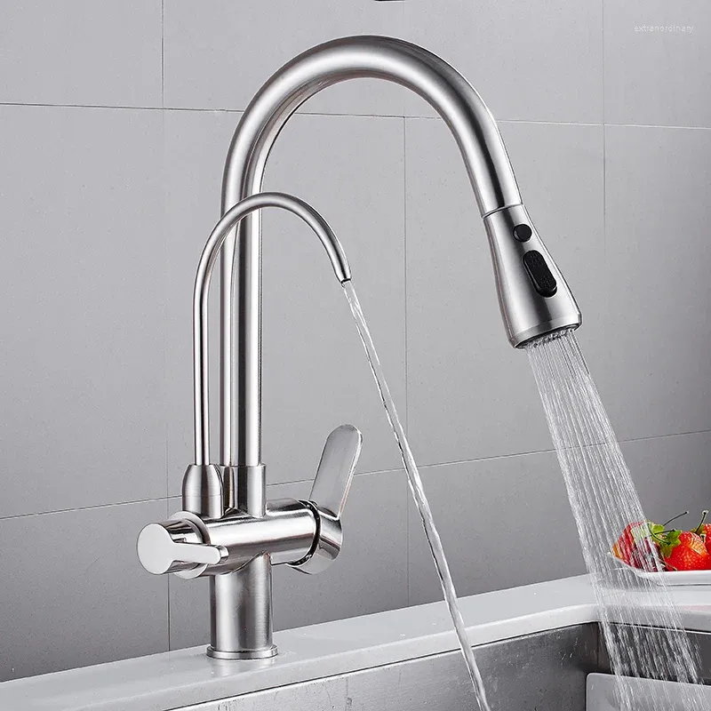 Keukenkranen MTTUZK Messing Geborsteld Pull-down Kraan Met Zuiver Water Koud Modern Drinken 3-weg Gefilterde Mixer