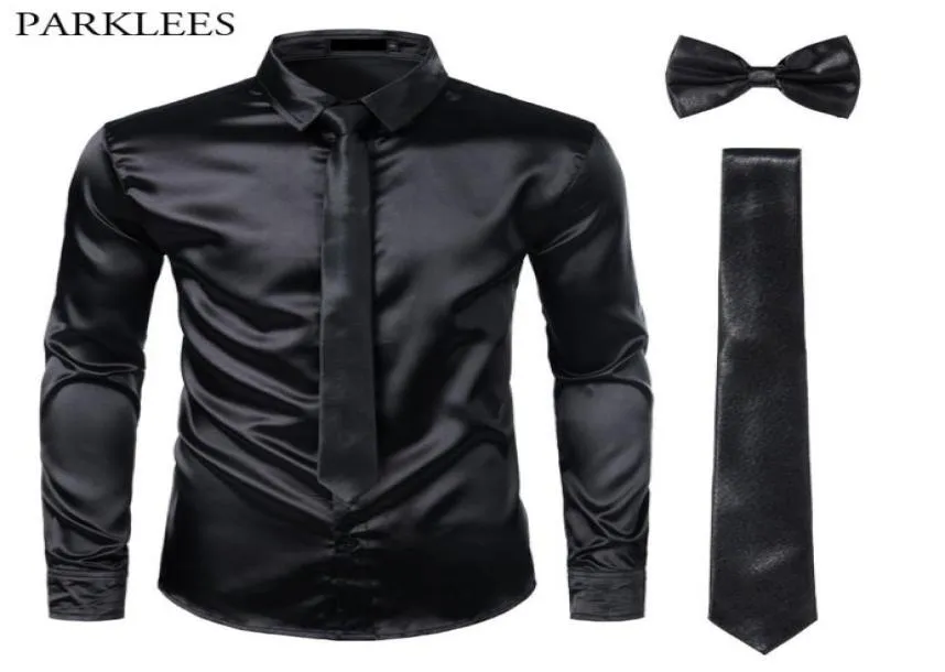 DHgate Black Silk Dress Shirt Set for Men Smooth Satin Slim Fit Formal Party Shirt with Tie and Bowtie Apparel