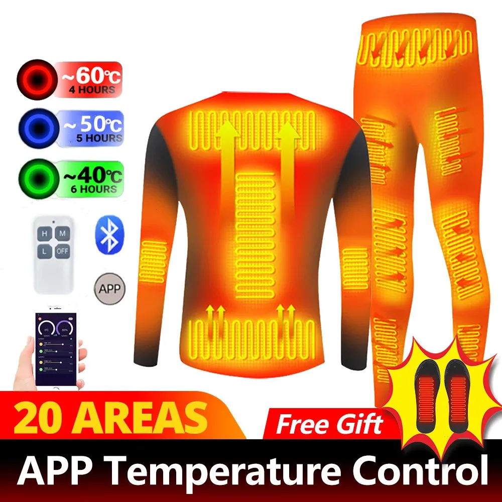 Ensemble de sous-vêtements chauffants d'hiver alimenté par batterie USB pour téléphone intelligent APP contrôle la température veste de moto costume de ski combinaison thermique 231229