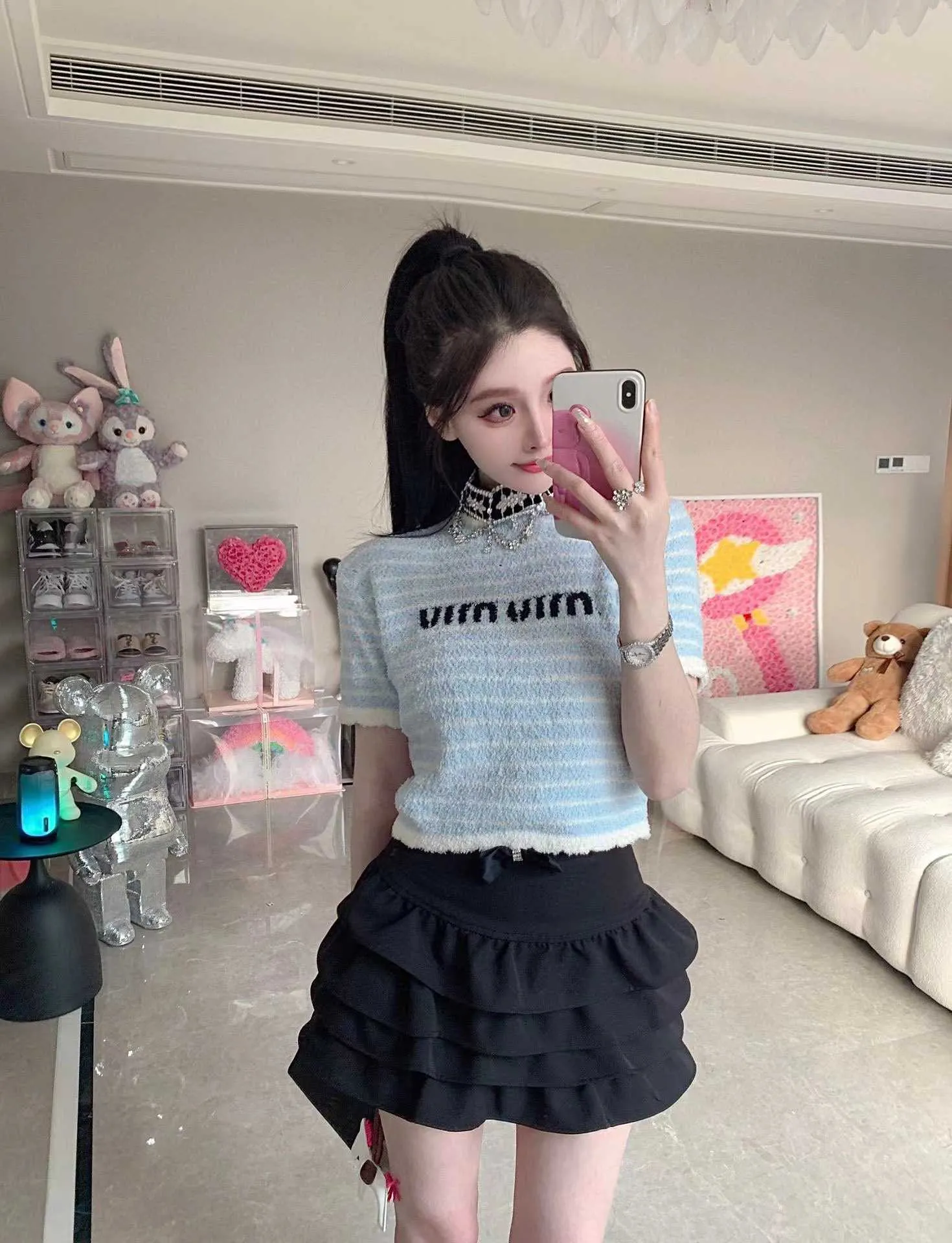 Miu Home 2023 Spring/summer and White Stripe Letter Jacquard Towel Material Knitted Short Sleeve Round Neck Top for Women