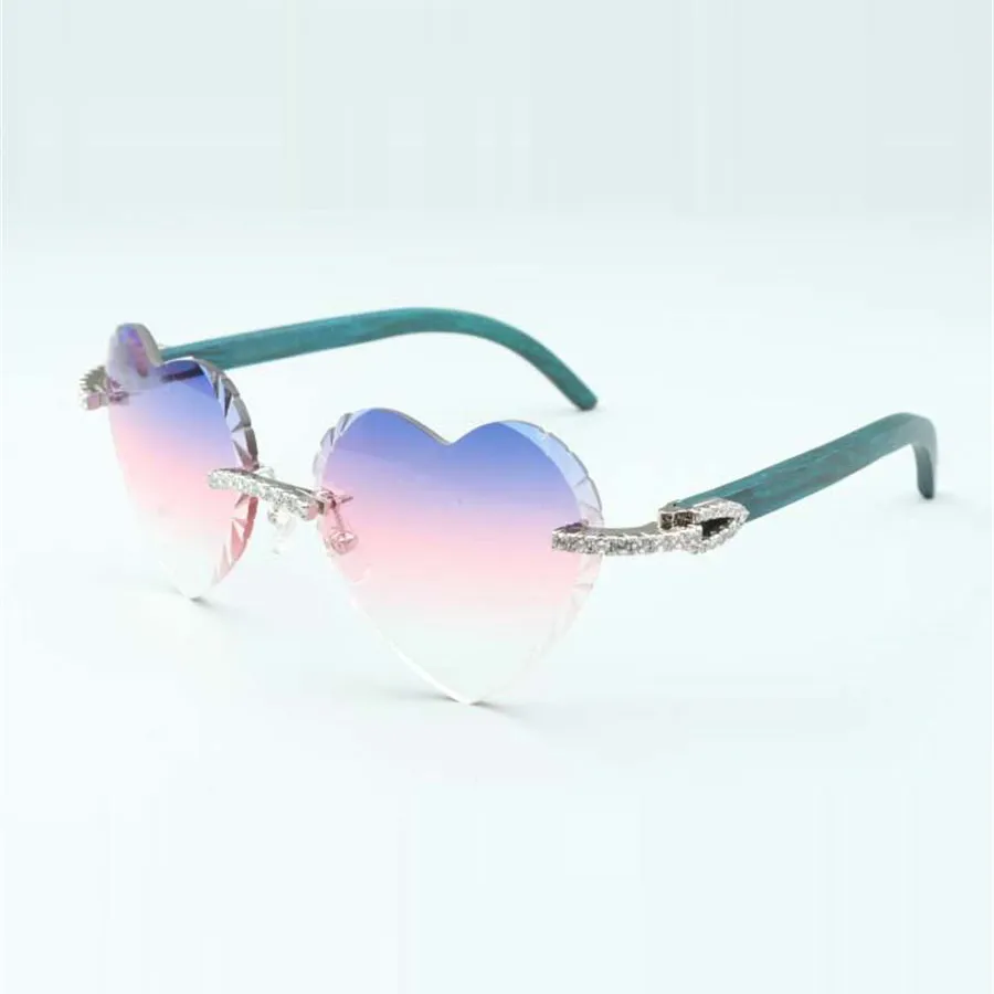 Прямые продажи солнцезащитные очки в форме сердца с режущими линзами и бесконечными бриллиантами 8300687 с бирюзовыми дужками из натурального дерева, размер 58-18-135 мм