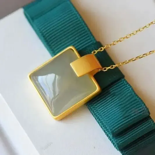 Auspicious Hetian Jade Necklace 14K Gold Inlaid Pendant, Gray White  Jade, Ancient Gold Chain, Lucky Charm Jewelry, Gift for Her