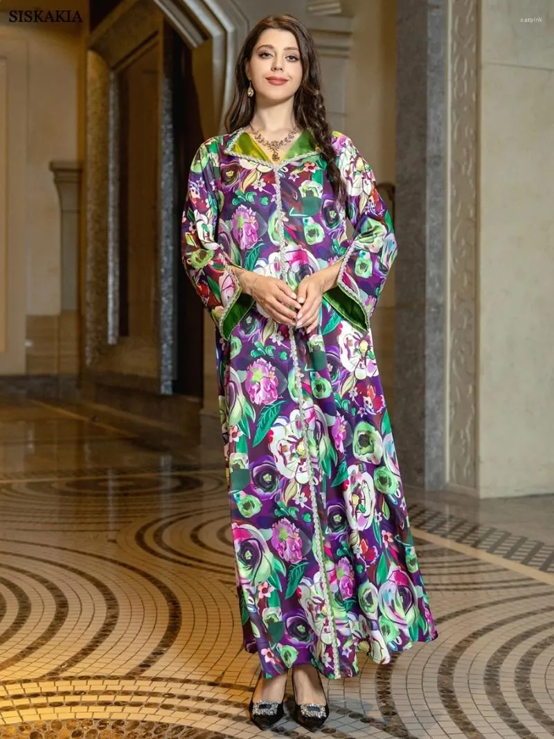 Ethnic Clothing Siskakia Arab Dubai Jalabiyat Women Diamonds Printing Casual Abaya Moroccan Turkish Islamic Long Sleeve V-Neck Kaftan Muslim