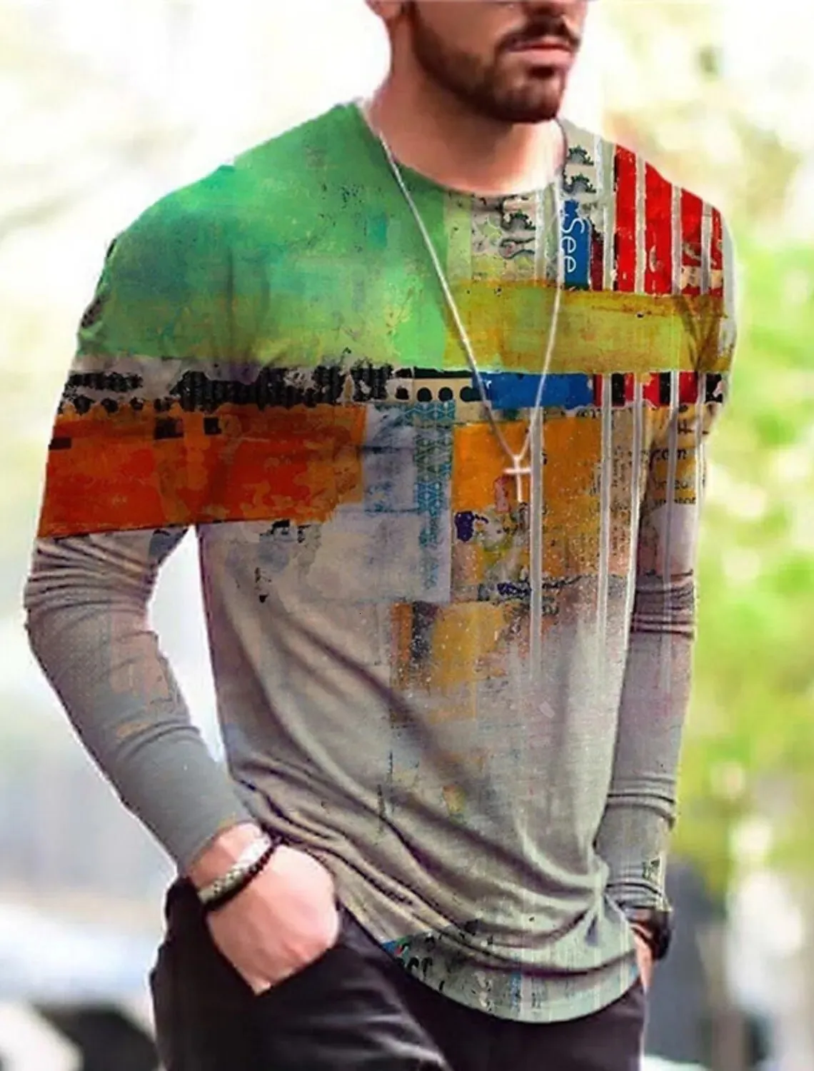 T-shirt sportiva da uomo 3D a maniche lunghe 3D squisito contrasto di colore per il tempo libero Sport Fitness T-shirt sportiva all'aria aperta a maniche lunghe classica retrò 231228