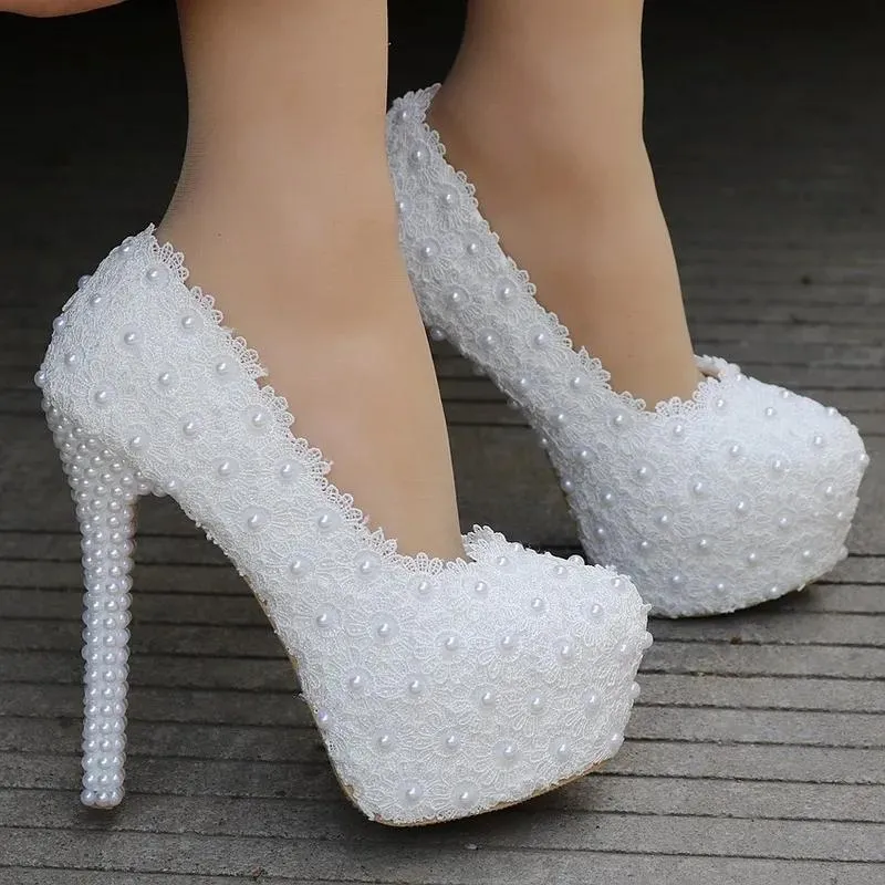 Stivali da donna della moda pompe per scarpe in pizzo strass di punta rotonda 14 tacchi cmchini bianchi delicati panni di tacco alto da matrimonio dolce