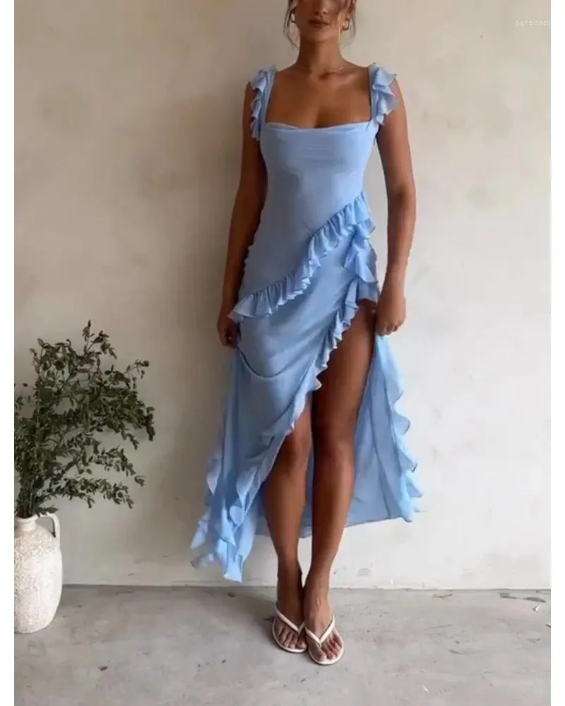 Casual Dresses Women's Sexy Ruffles Maxi Birthday Dress Asymmetric Backlesss Split Long Prom Blue Spaghetti Strap Graduation Party Gown