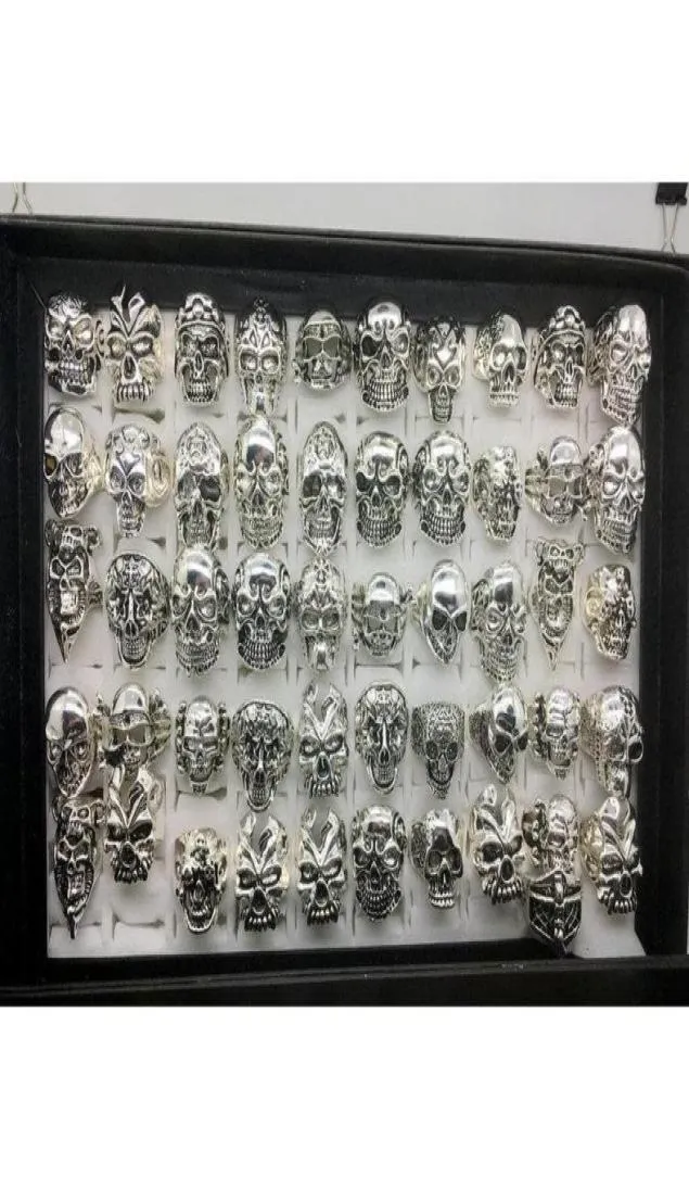 Всего 50 шт. в партии, готическое кольцо с большим черепом, богемное панк-винтажное античное серебро, смешанный стиль, мужская мода, ювелирные изделия, кольцо со скелетом, размер N7367487