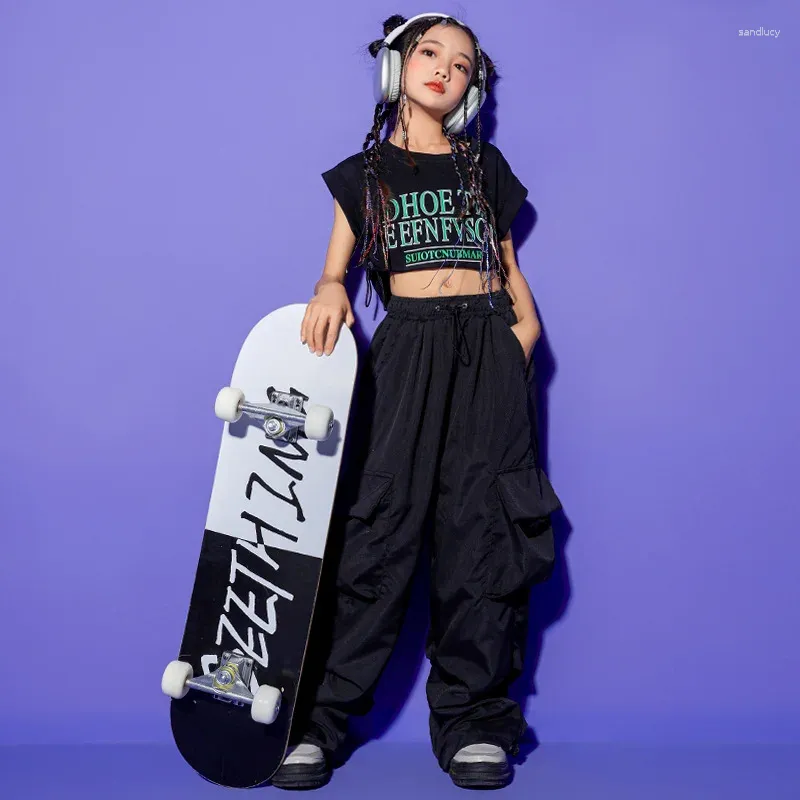 Palco desgaste meninas jazz hip hop dança traje preto top calça para crianças roupas kpop outfits mostrar