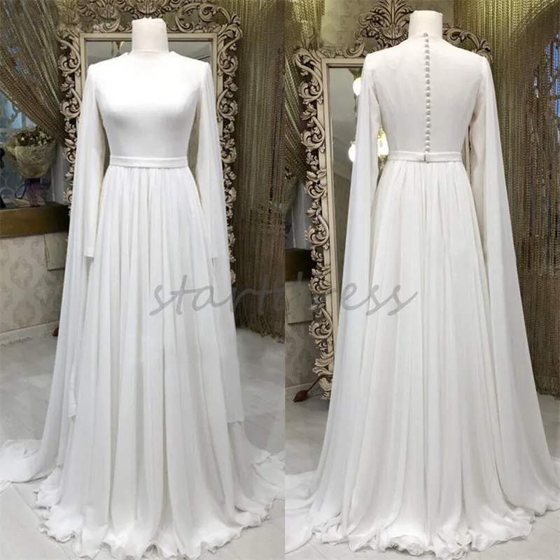 Schlichtes Chiffon-Muslim-Hochzeitskleid, Dubai, arabischer Kaftan, lange Ärmel, Boho-Brautkleid, 2024, in voller Länge, Garten-Land-Brautkleid, Robe de Mariage, Prinzessin, islamisch