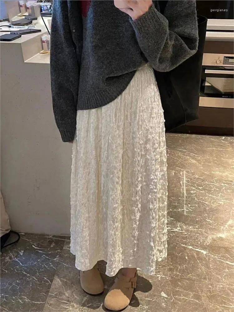 Jupes Velours Longues Femmes Broderie Lâche Solide Maxi Jupe Automne Hiver 2023 Mode Élégante Taille Élastique Une Ligne Faldas