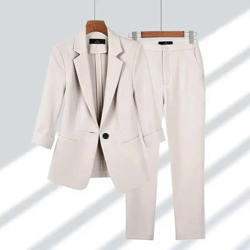 Vår sommar elegant kostym jacka matchande set kvinnors koreanska chic blazers kappbyxor 2 stycke kvinnlig professionell kostym 231229