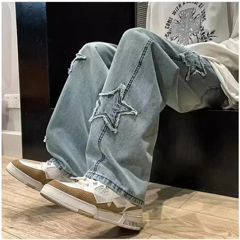 Fashion Stars Towel Embroidery Brown Men Jeans Pants Y2K Clothes Straight Hip Hop Cotton Trousers Pantalon Homme 2312129