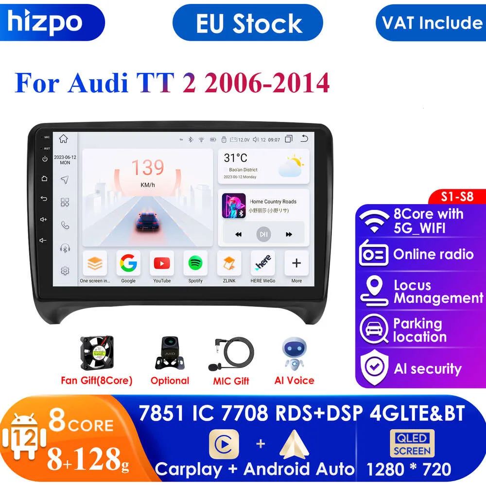 Авторадио для Audi TT 2 8J 2006-2014 9 "GPS Navi Android 12 8-ядерный 8 + 128G стерео автомобильный радиоплеер DSP RDS DAB + OBD2 SWC экран