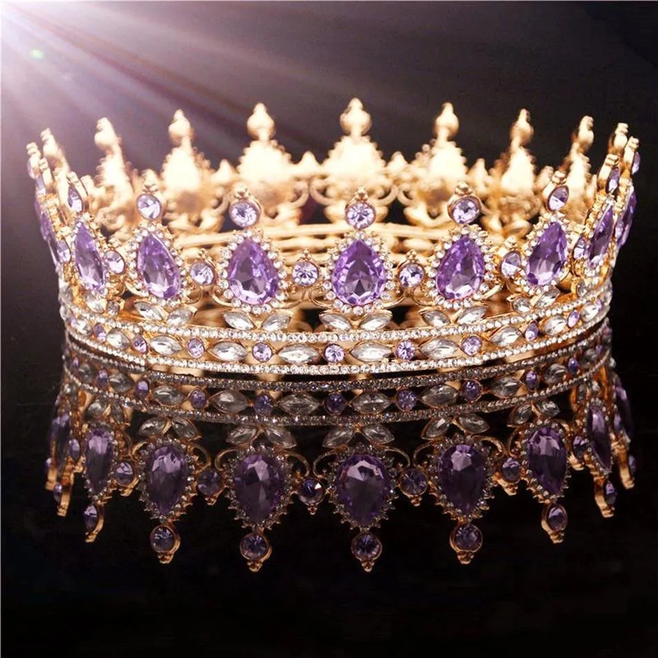 Gold Purple Queen King Bridal Crown for Women Emerdress Prom Pageant Wedding Tiary i koronki biżuteria do włosów CJ1912262399