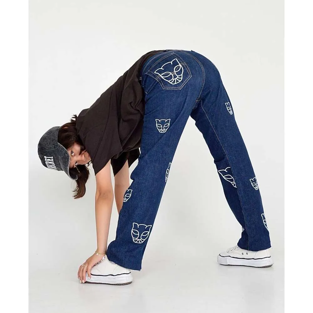 Moda casual impresso coreano retro rua namorado estilo perna reta cintura alta feminino jeans preto