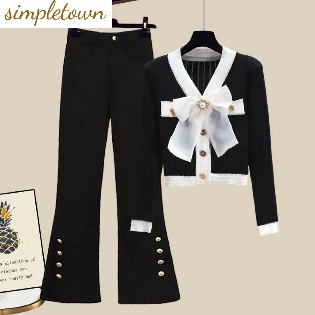 Pull tricoté de Style coréen, Cardigan avec boutons décoratifs, pantalon à jambes larges, ensemble deux pièces élégant pour femmes, automne 231228