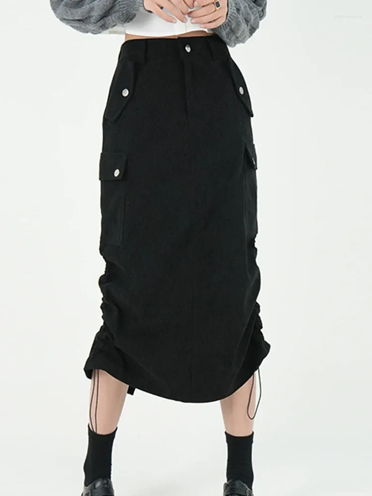 Kjolar aoaiiys last för kvinna svart chic slits snittande ficka bekvämt smalt koreansk mode hög midja i mitten av kalvkjolen