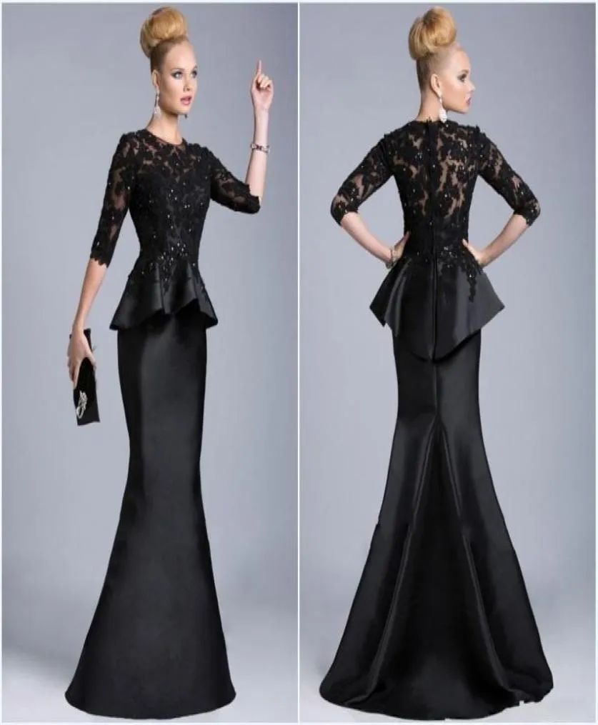 2019 New Black Evening Gowns Sheer Crew High Neck Half Long Sleeves Appliques 레이스 비즈 PEPLUM SHEATH 형식 드레스 FOR7924792