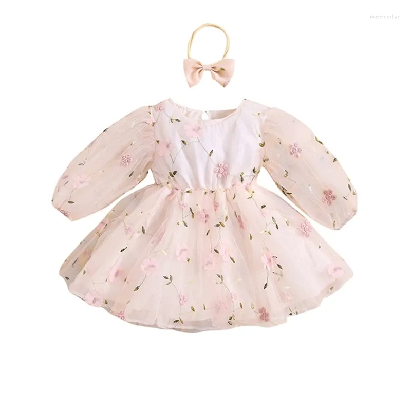 Robes de fille Pudcoco enfants filles automne décontracté robe trapèze à manches longues col rond fleur broderie tulle princesse avec bandeau 6M-5T