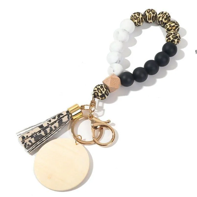 Party Favor Monogrammed Engrave Wooden Chip Keychain Sile Beaded Bangle Keyring Wood Beads Bracelet Key Ring Women Jewelry Crafts Gi Dhac7