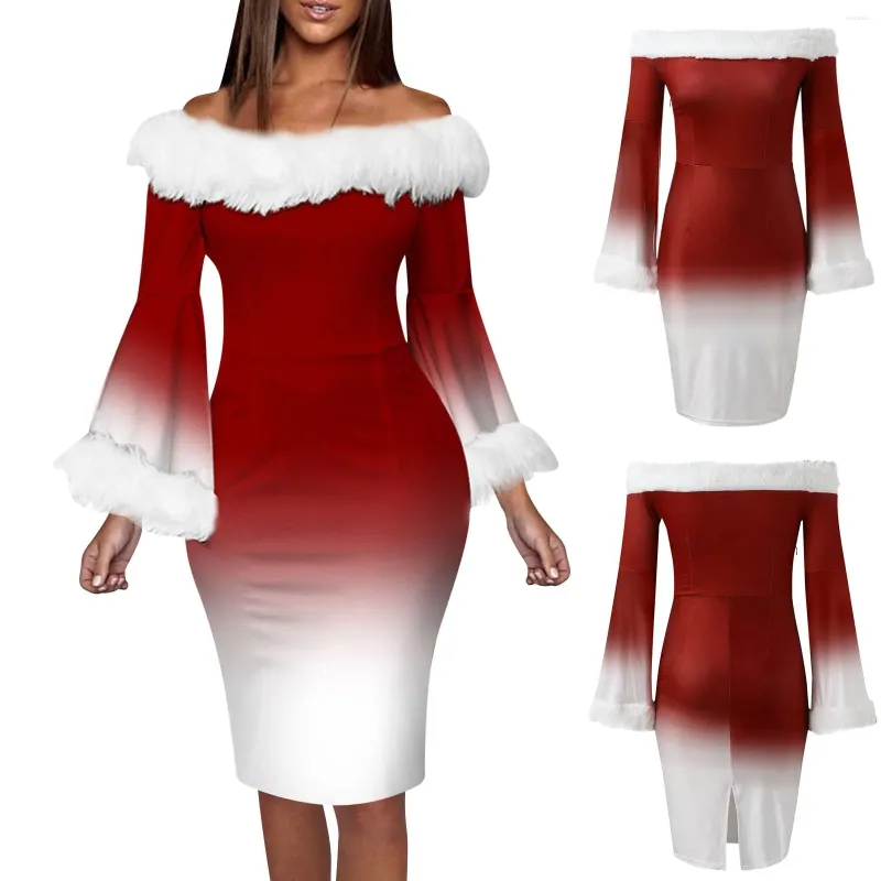 Casual Dresses Christmas Women's Strapless Wrap Hip Dress Autumn Winter Fashion Temperament Elegant Long Flare Sleeve Knit Robe