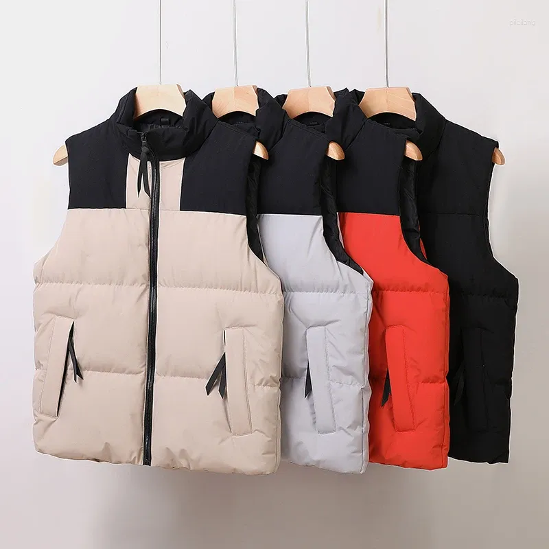 Men's Vests 2023 Winter Stand Collar For Lovers Vest Color Cotton Liner Shirring Sleeveless Zipper Pocket Casual Fashion Cardigan Coat