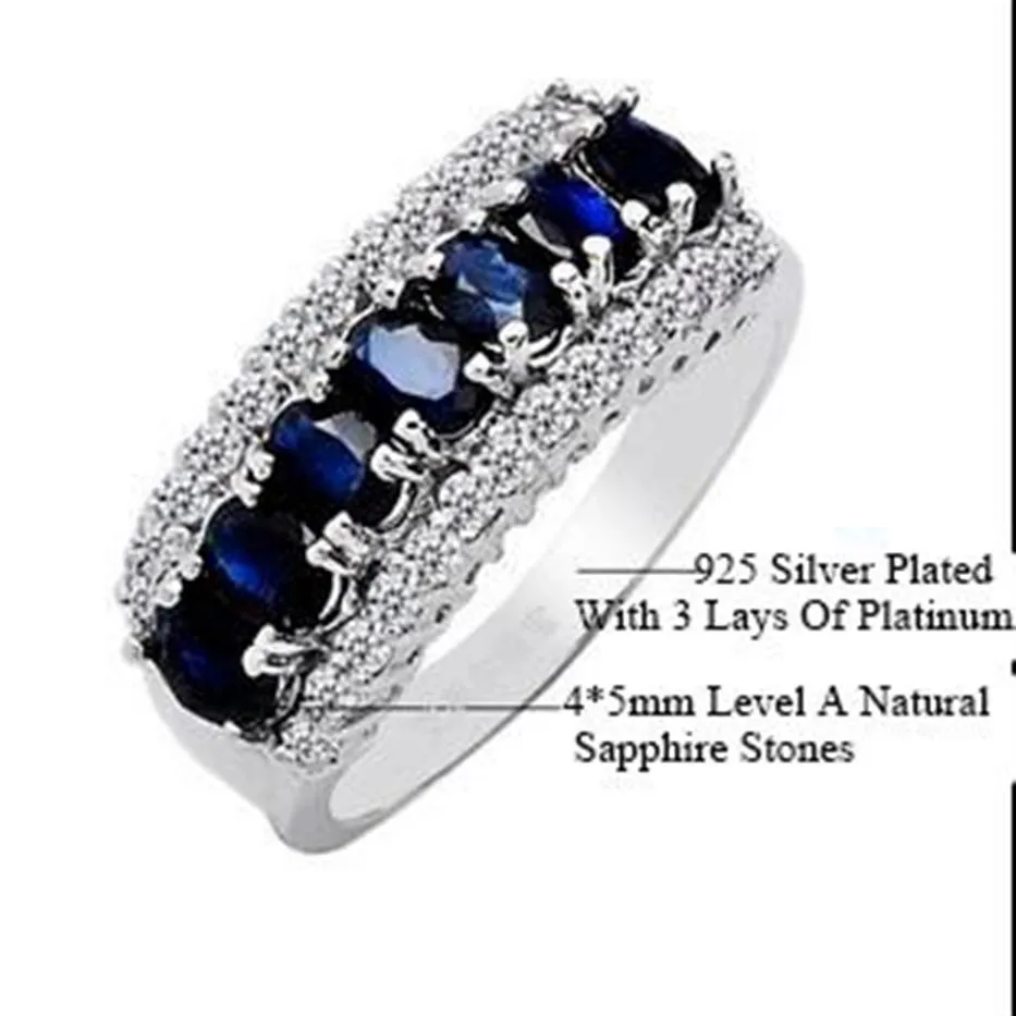 New Sapphire Ring 925 Sterling Silver 7 Pieces Special Level A Natural Sapphire Stones Lady's 14KT Platinum Filled Ring Europ238V