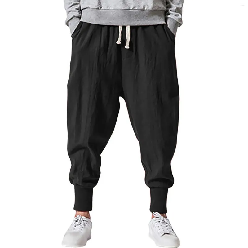 Herenbroeken Katoen Linnen Heren Effen Elastische taille Joggers Casual broek met verlaagd kruis Oefening Zak Mannelijke kleding