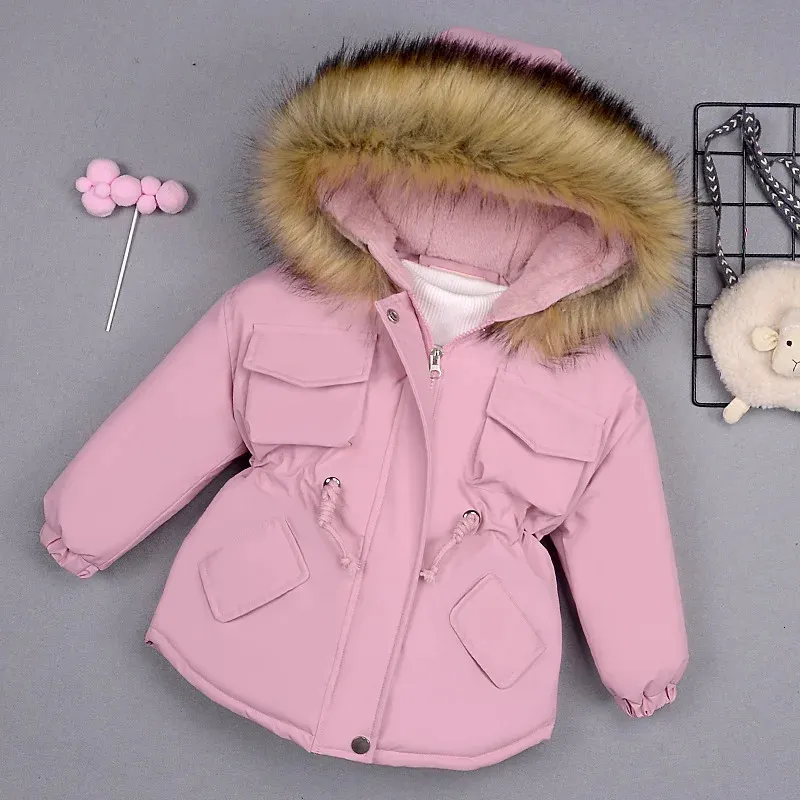 가을 겨울 모피 칼라 어린이 두꺼운 따뜻한 재킷 여자 따뜻한 아이 다운 코트 소녀 2-8 년 겉옷 아이의 옷 231228