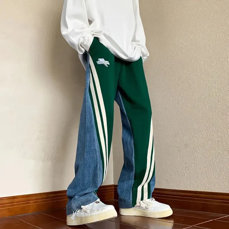 American Trend Hiphop High Street Loose Jeans Mens 패치 워크 줄무늬 탄성 허리 드로 스트링 포켓 직선 캐주얼 바지 2312129