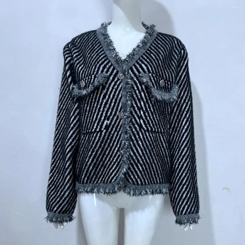 Giacche da donna comode moda top da donna cappotto tasca maglione casual quotidiano manica lunga strisce larghe