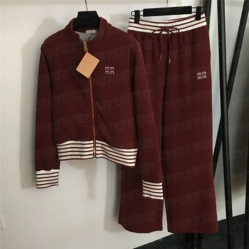 클래식 재킷 팬츠 여성 패션 2pcs 세트 자수 편지 지퍼 코트 넓은 다리 바지 트랙 슈트 캐주얼 의류 정장