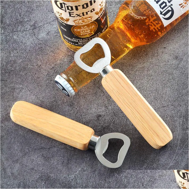 Apribottiglie Apribottiglie Tappo birra Vino Manico in legno Utensile da cucina in acciaio inossidabile Fornitura per feste in legno per uomo Consegna a goccia Giardino domestico D Dhfml