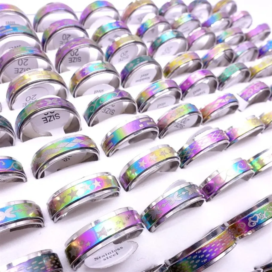 Wholesae 100PCs Lot Edelstahl Spin Band Ringe Drehbare Mehrfarbige Laser Gedruckt Mix Muster Mode Schmuck Spinner Party 278d