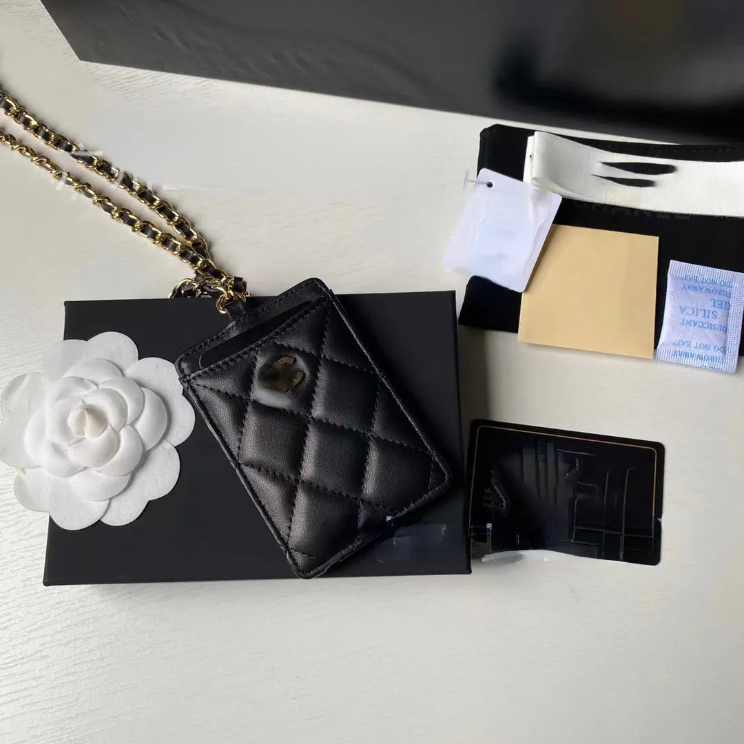 Damen-Designer-Kartentasche, Schaffell, hängender Hals, modische Kette, dünner Dokumenten-Diamant-Arbeitskartenhalter