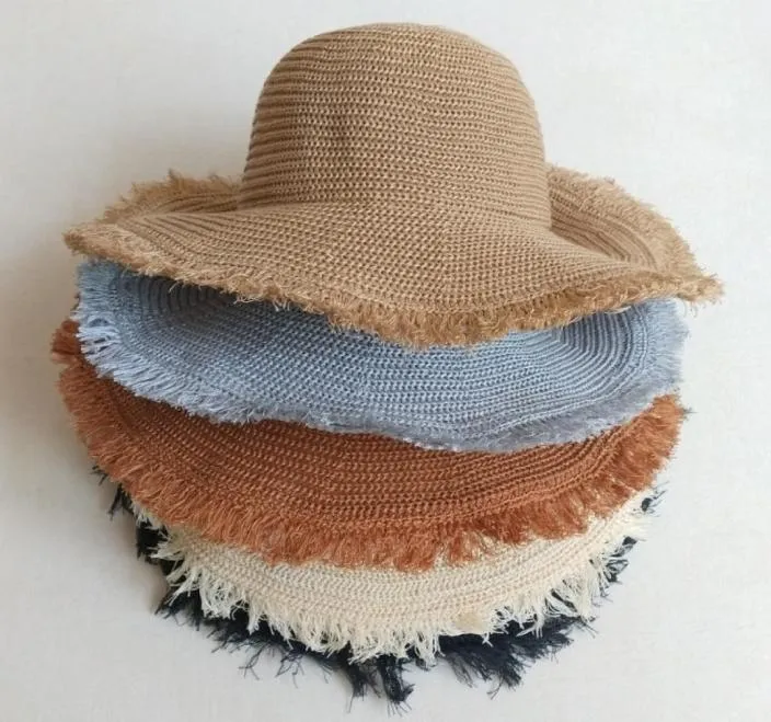 Chapéu grande de sol tricotado à mão, cor sólida, com cerdas laterais, respirável, palha, feminino, verão, protetor solar, praia, dobrável 6329177