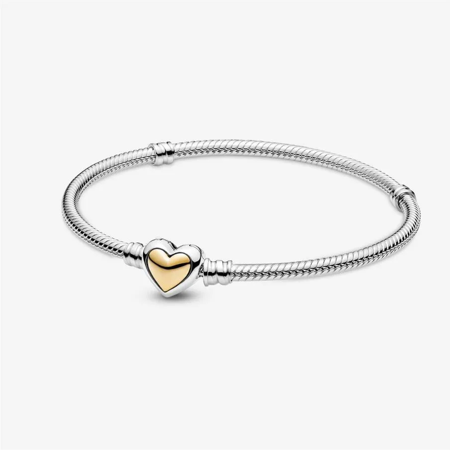 100% 925 Sterling Silver kupolerad Golden Heart Clasp Snake Chain Armband Fit Autentic European Dangle Charm för kvinnor mode DIY J275A