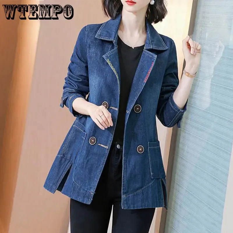 Wtempo kadınlar; s çift göğüslü düğmeli uzun kollu outcoat çentikli yaka denim ceket bayanlar blazer çanta midi Outerwear 231229