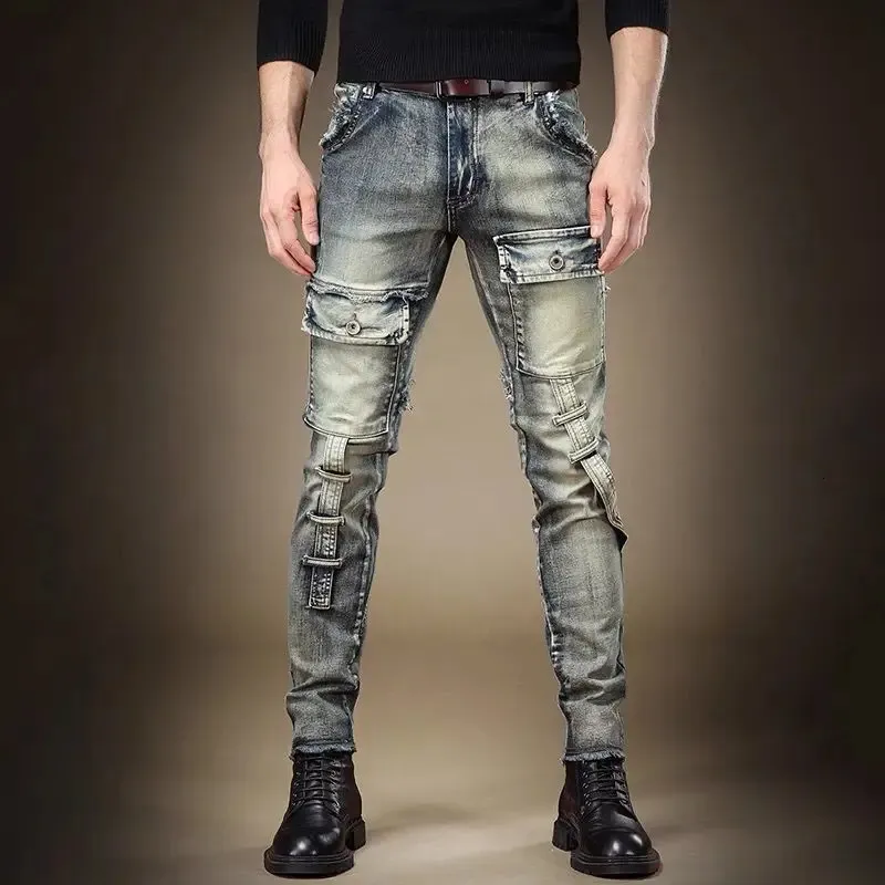 Легкие роскошные мужские облегающие эластичные джинсовые брюки с лоскутным декором и множеством карманов, джинсы-карго, мотобайкерские синие джинсовые брюки в стиле ретро; 231229