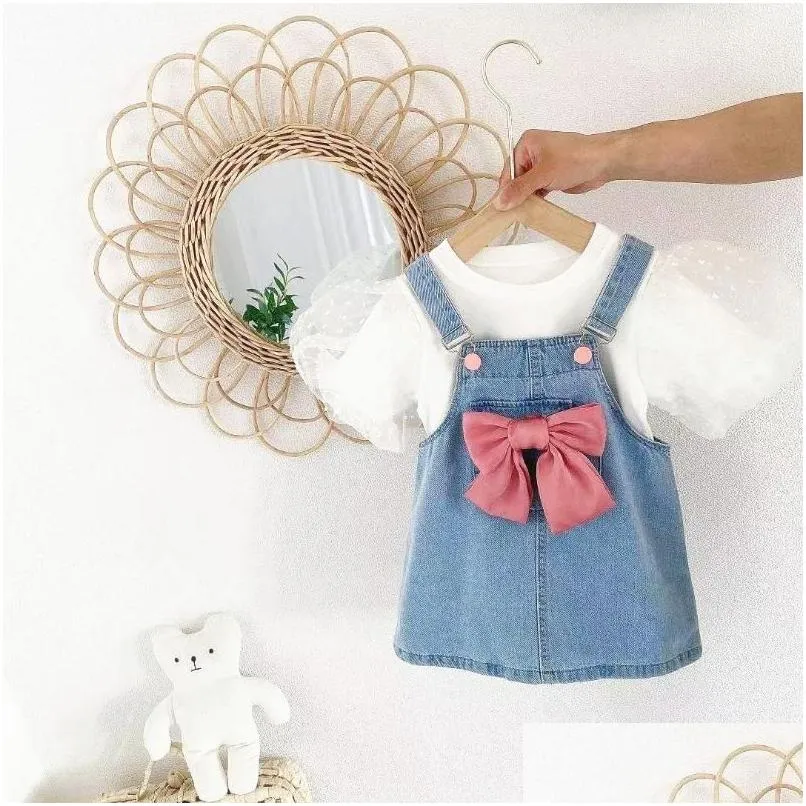 Mädchen Kleider Sommer Anzug Bowknot Denim Strap Kleid Baby Mode Puff Sleeve Shirt Süße Set Kinder Kleinkind Kleidung Drop Lieferung Dhmkb