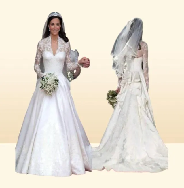 Superbes robes de mariée Kate Middleton Royal modestes robes de mariée en dentelle manches longues volants cathédrale train sur mesure de haute qualité 7222429