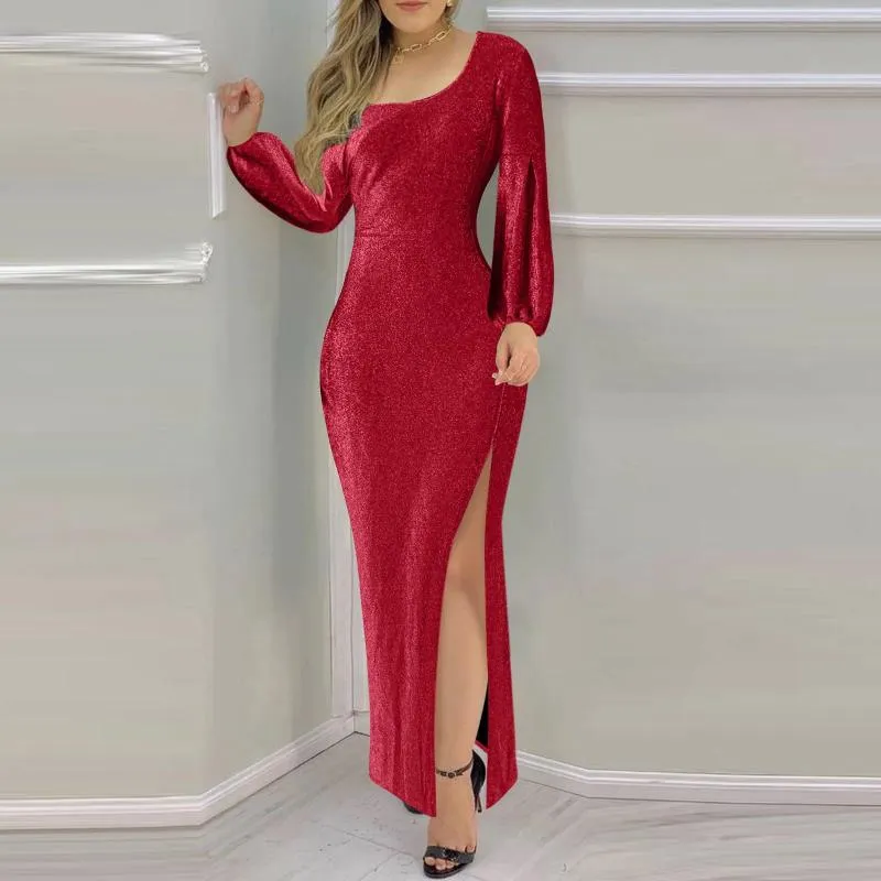 Vestidos Casuales Mujeres Bonitas Y2K Vestido Brillante Solido Manga Larga Alto Split Tarde Chic Elegante Paquete De Cadera Vestidos De Bola Ropa De Mujer De 18 DHgate