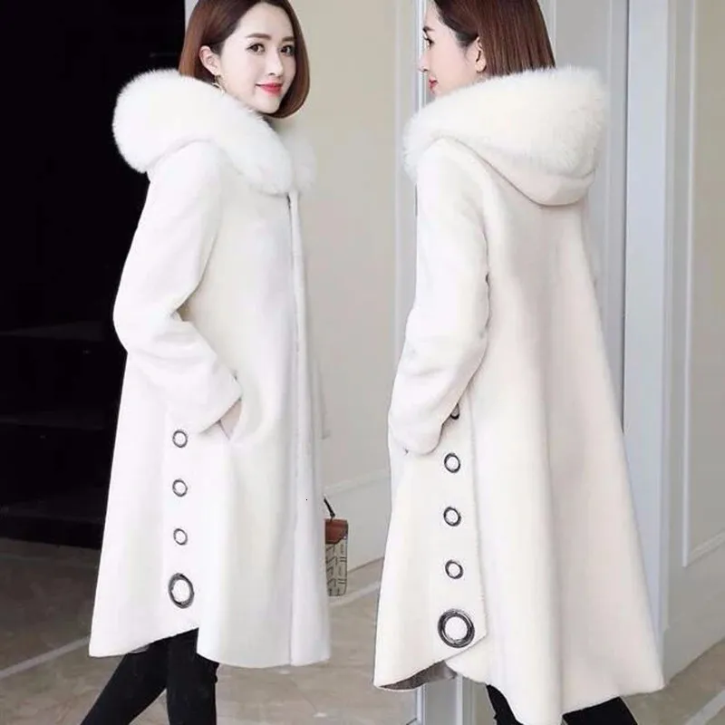 세분화 된 양 전단 코트 여성의 중간 길이의 겨울 여우 모피 후드 올인원 가짜 모피 의류 재킷 L33 231228