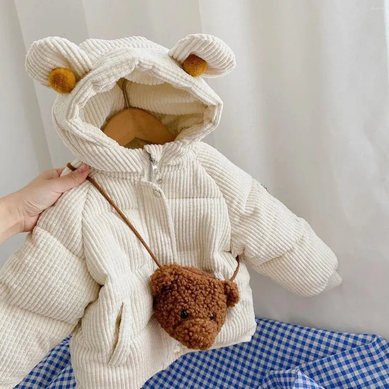 Casaco para baixo 2023 inverno meninas meninos bonito grosso lã quente com urso bebê crianças outerwear