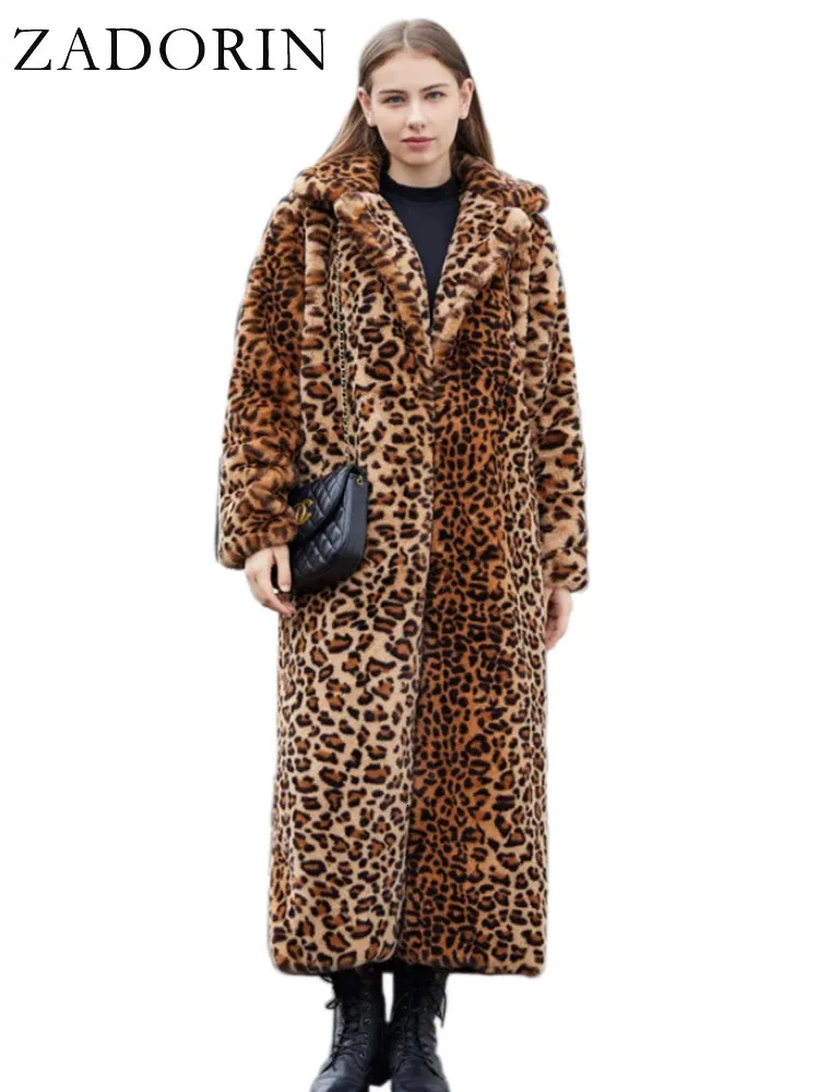 Zadorin high street leopardo impressão longo casaco de pele do falso jaqueta macia para as mulheres inverno falso pele de coelho trench coat jaquetas de pelúcia 231228