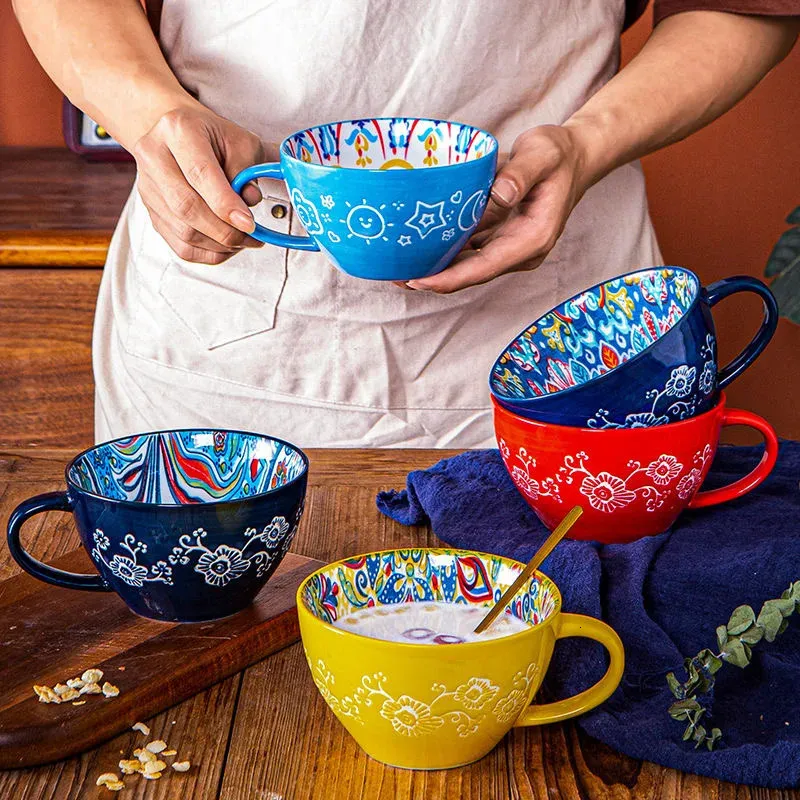 Böhmische Keramik Tassen Kaffeetasse Frühstück Müsli Cartoon Tasse Milch Haushalt Große Kapazität Haferflocken Schüssel Trinkgeschirr Wohnkultur 231228